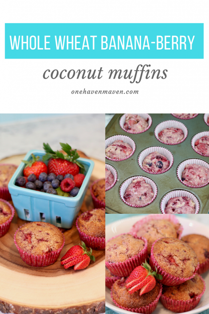 Whole Wheat Banana-Berry Coconut Muffins. www.onehavenmaven.com